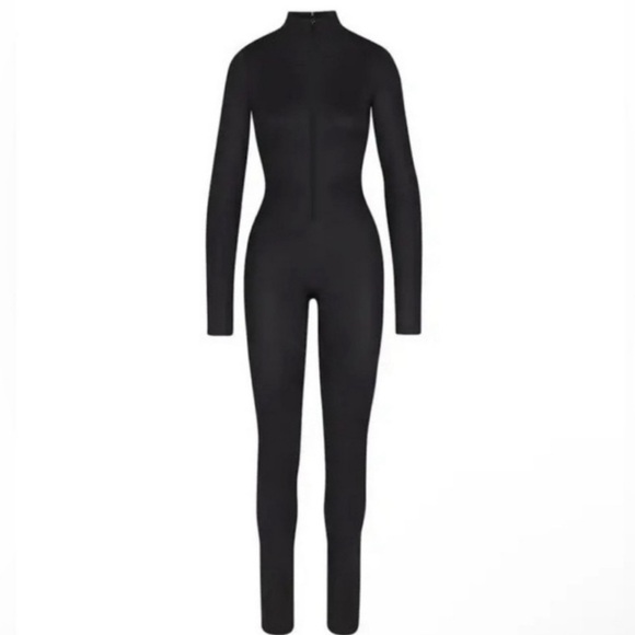 Auth Skims shine stretch black zip up mock neck cat suit NEW Large L - Picture 2 of 4